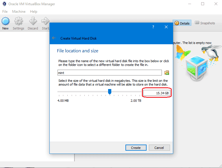 linux virtualbox hdd size