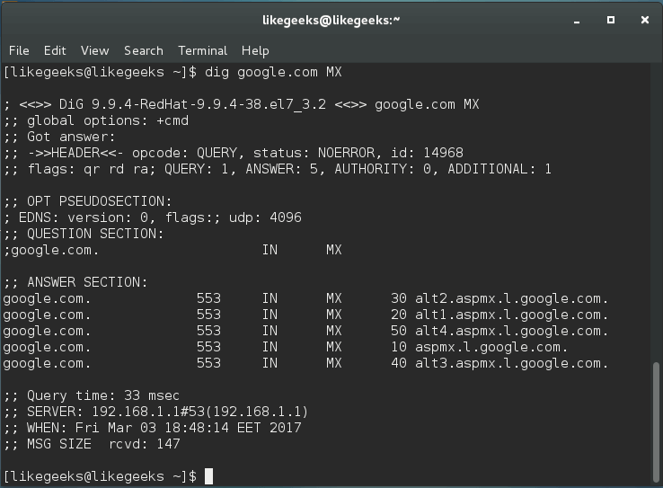 dig mx linux network commands