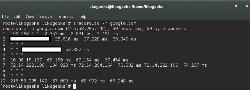 traceroute -n command