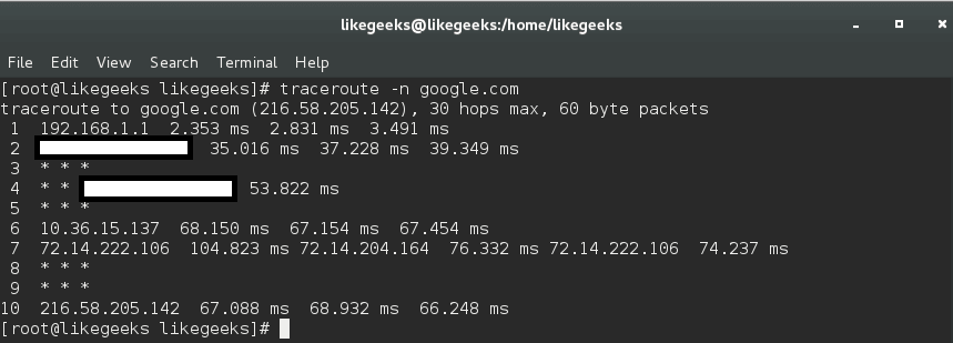 traceroute -n linux network commands