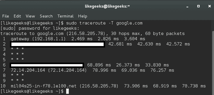 traceroute -T command