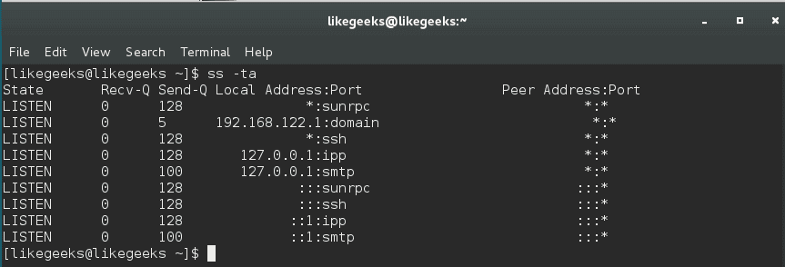 ss -ta linux network command