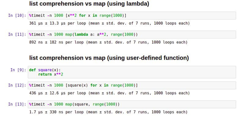 time comparison between list comprehension and map