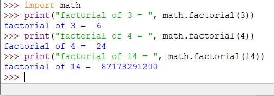 Example of factorial() method