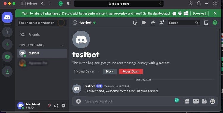 demonstration of a welcome of new user by discord bot