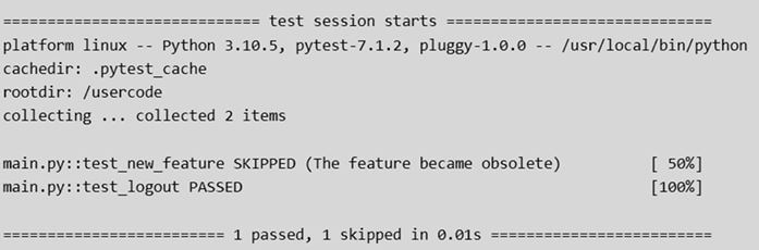 This output shows how to skip a method using pytest in Python