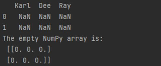 This output shows how to convert an empty DataFrame to NumPy array in Python